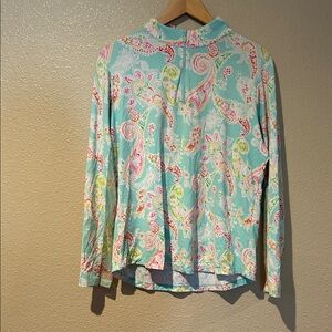 IBKUL Aqua Paisley Zip-Back Long Sleeve Top